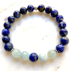  Aria Mala Atelier's unique one-of-a-kind Lapis Lazuli, Aquamarine sterling silver  charm yoga bracelet for spiritual living