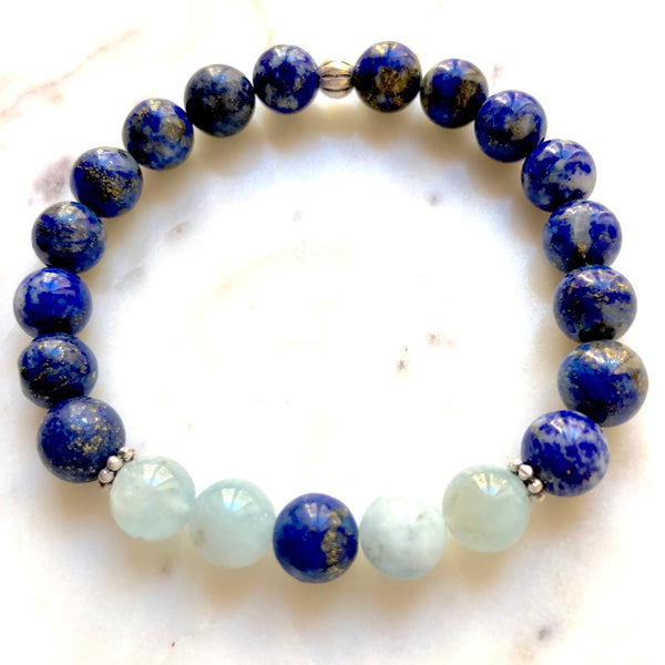 Aria Mala Atelier's unique one-of-a-kind Lapis Lazuli, Aquamarine sterling silver  charm yoga bracelet for spiritual living