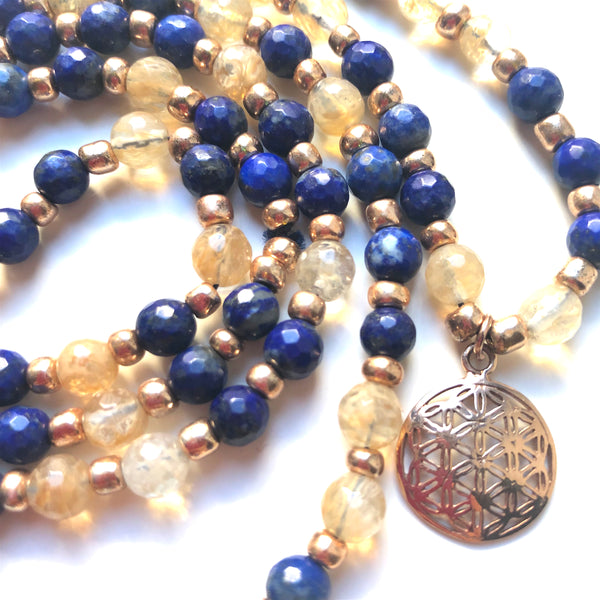 Lapis Lazuli Mala Beads, Citrine Mala Necklace, Flower of Life, Yoga Jewelry, Meditation Beads