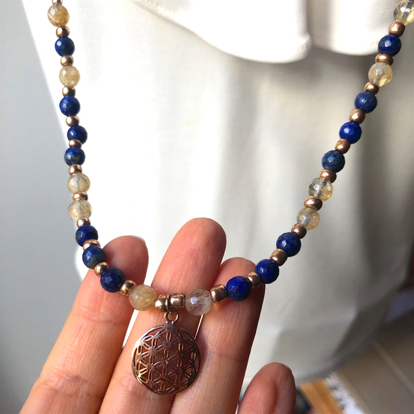 Lapis Lazuli Mala Beads, Citrine Mala Necklace, Flower of Life, Yoga Jewelry, Meditation Beads