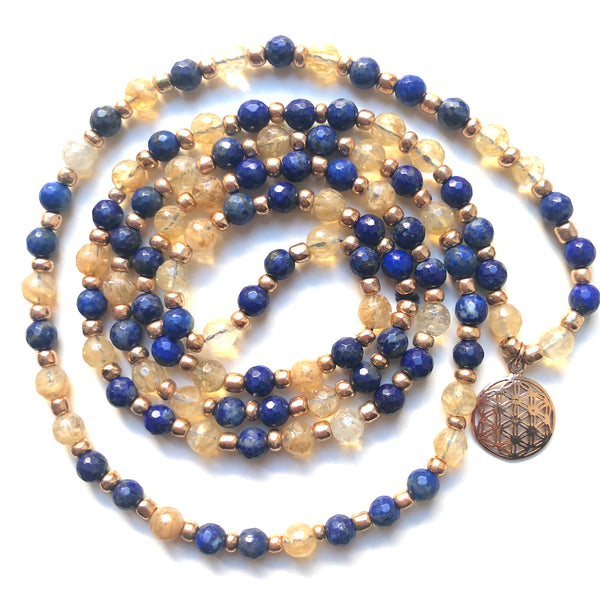 Lapis Lazuli Mala Beads, Citrine Mala Necklace, Flower of Life, Yoga Jewelry, Meditation Beads