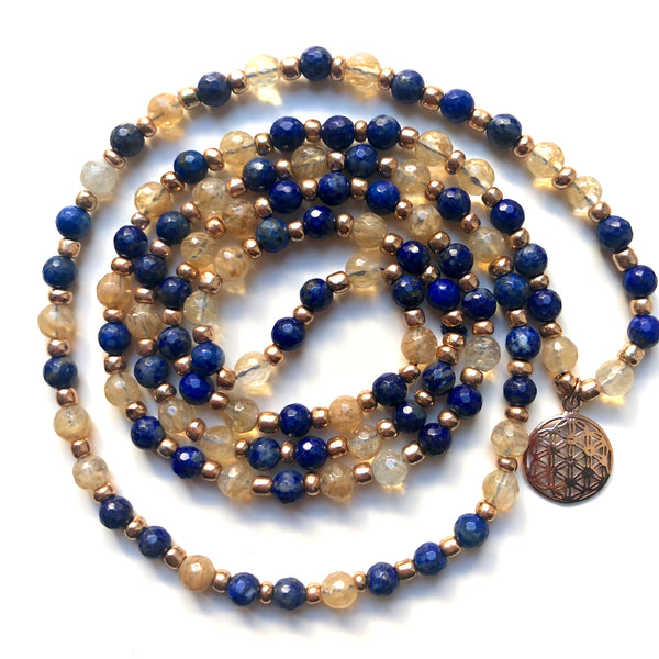 Lapis Lazuli Mala Beads, Citrine Mala Necklace, Flower of Life, Yoga Jewelry, Meditation Beads