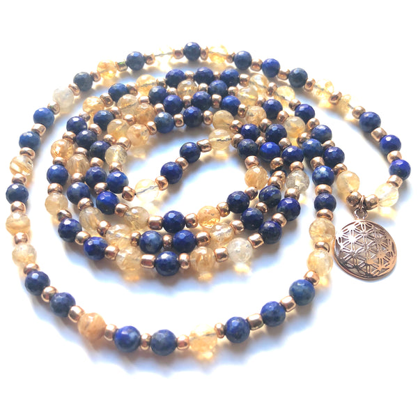 Lapis Lazuli Mala Beads, Citrine Mala Necklace, Flower of Life, Yoga Jewelry, Meditation Beads