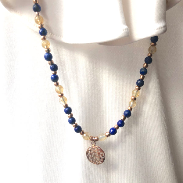 Lapis Lazuli Mala Beads, Citrine Mala Necklace, Flower of Life, Yoga Jewelry, Meditation Beads