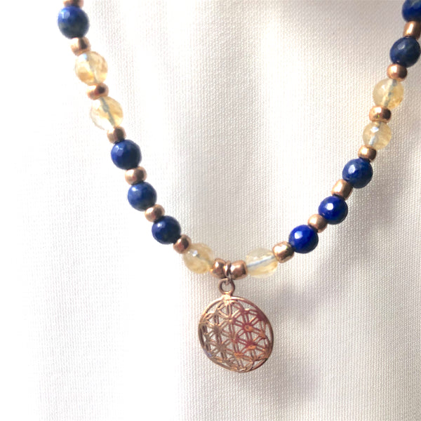 Lapis Lazuli Mala Beads, Citrine Mala Necklace, Flower of Life, Yoga Jewelry, Meditation Beads