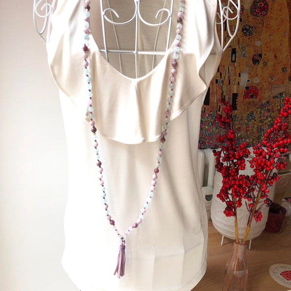 Lepidolite Mala Beads, Kunzite 108 Mala, Aquamarine Mala Necklace, Leather Tassel, Yoga Jewelry