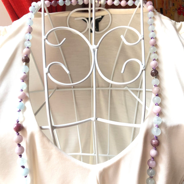 Lepidolite Mala Beads, Kunzite 108 Mala, Aquamarine Mala Necklace, Leather Tassel, Yoga Jewelry