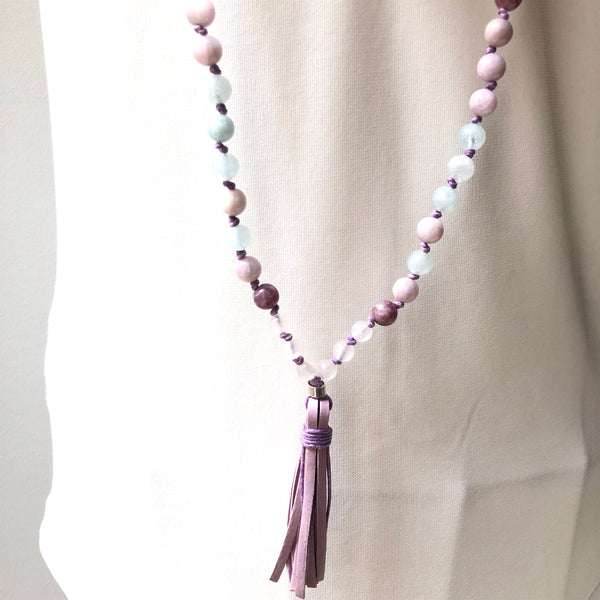 Lepidolite Mala Beads, Kunzite 108 Mala, Aquamarine Mala Necklace, Leather Tassel, Yoga Jewelry