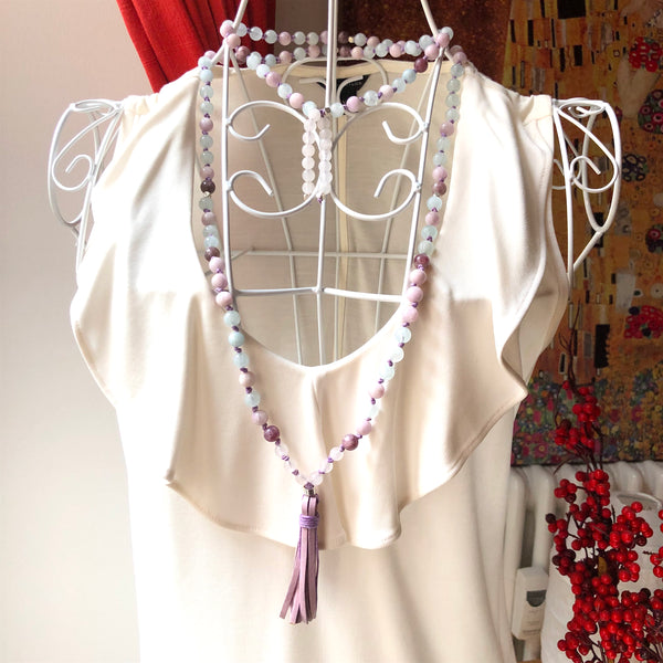 Lepidolite Mala Beads, Kunzite 108 Mala, Aquamarine Mala Necklace, Leather Tassel, Yoga Jewelry