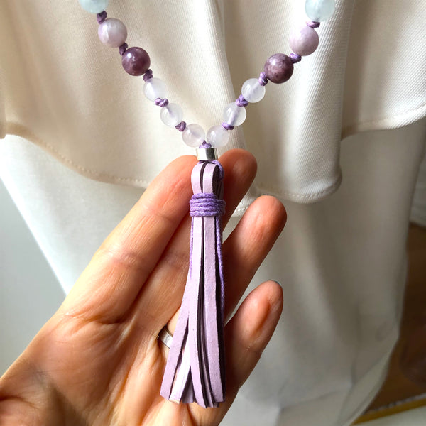 Lepidolite Mala Beads, Kunzite 108 Mala, Aquamarine Mala Necklace, Leather Tassel, Yoga Jewelry