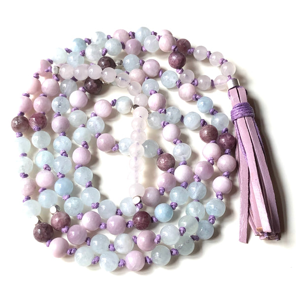 Lepidolite Mala Beads, Kunzite 108 Mala, Aquamarine Mala Necklace, Leather Tassel, Yoga Jewelry