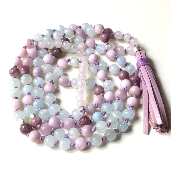 Lepidolite Mala Beads, Kunzite 108 Mala, Aquamarine Mala Necklace, Leather Tassel, Yoga Jewelry