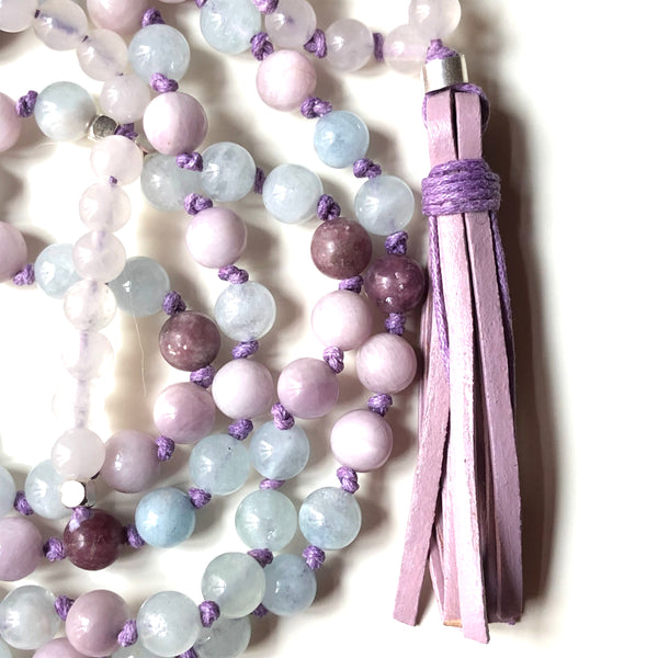 Lepidolite Mala Beads, Kunzite 108 Mala, Aquamarine Mala Necklace, Leather Tassel, Yoga Jewelry