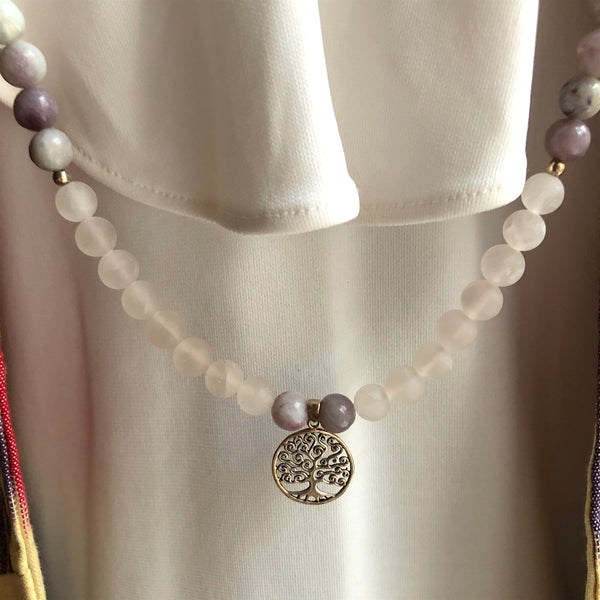 Lepidolite Beads, 108 Mala, Matte Rose Quartz Mala Necklace, Tree of Life Charm