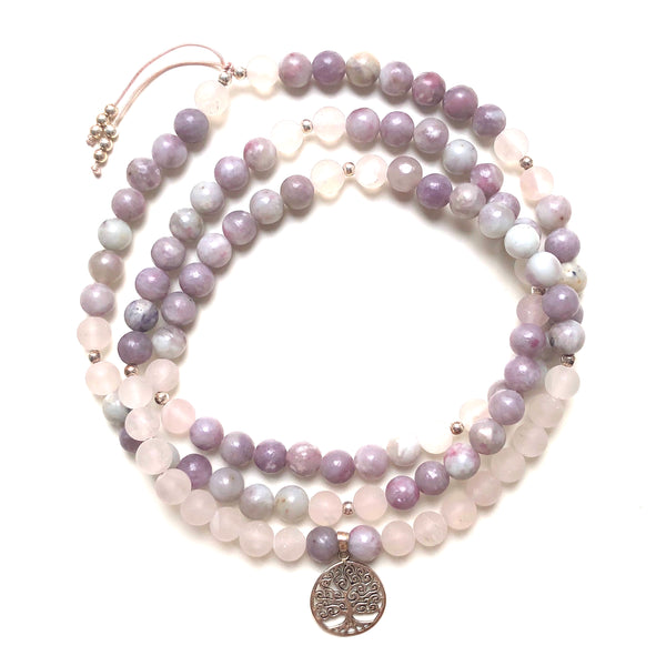 Lepidolite Beads, 108 Mala, Matte Rose Quartz Mala Necklace, Tree of Life Charm
