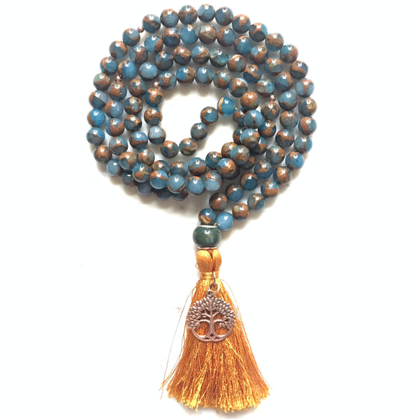 Murano Quartz, Rose Sterling Silver Tree of Life Charm Japa/Meditation Mala