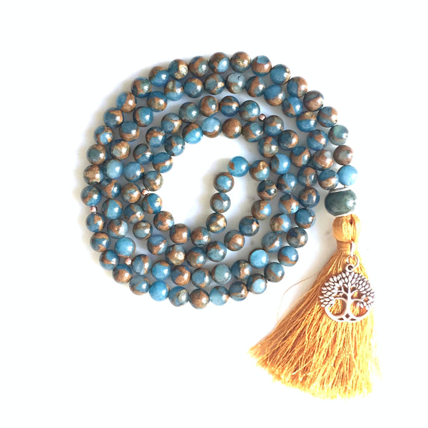 Murano Quartz, Rose Sterling Silver Tree of Life Charm Japa/Meditation Mala