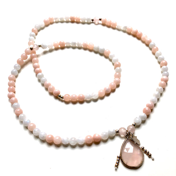 Morganite Beads, 108 Mala, White Moonstone Mala Necklace, Rose Quartz Charm