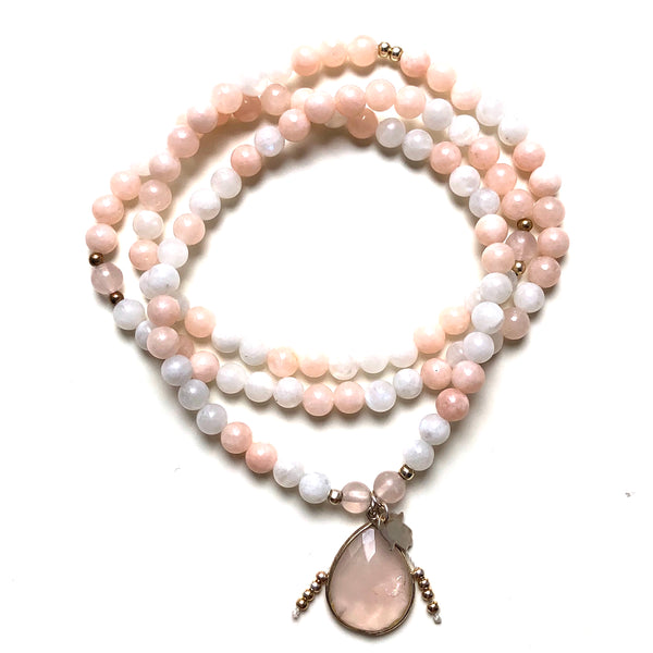 Morganite Beads, 108 Mala, White Moonstone Mala Necklace, Rose Quartz Charm
