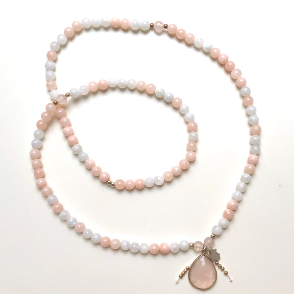 Morganite Beads, 108 Mala, White Moonstone Mala Necklace, Rose Quartz Charm