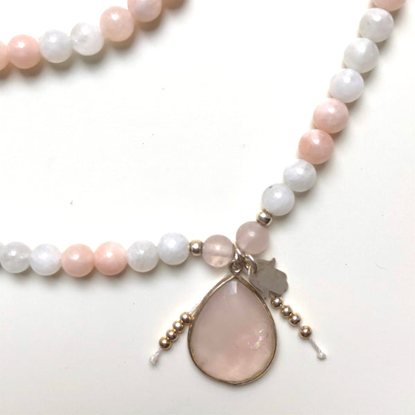Morganite Beads, 108 Mala, White Moonstone Mala Necklace, Rose Quartz Charm