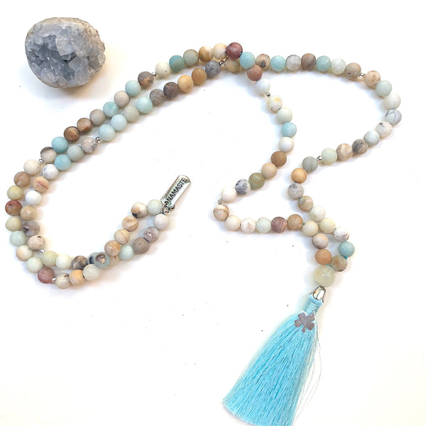 Aria Mala Atelier's unique one-of-a-kind mat natural amazonite meditation japa mala with clover and namaste silver charm is for yoga meditation empowering spiritual daily practise and intention setting, mindfulness practices