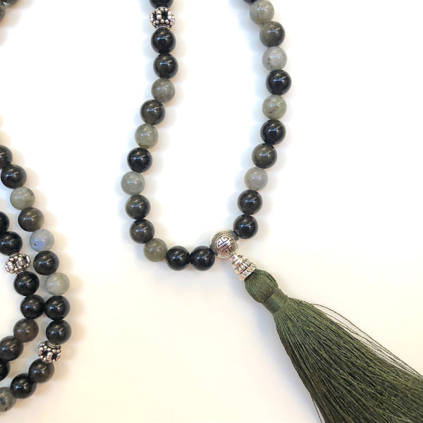 Aria Mala Atelier's unique one-of-a-kind Protective Labradorit and Obsidian gemstone meditation japa mala with silver charm is for yoga meditation empowering spiritual daily practise and intention setting
