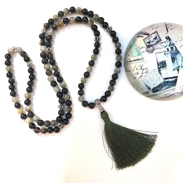 Aria Mala Atelier's unique one-of-a-kind Protective Labradorit and Obsidian gemstone meditation japa mala with silver charm is for yoga meditation empowering spiritual daily practise and intention setting