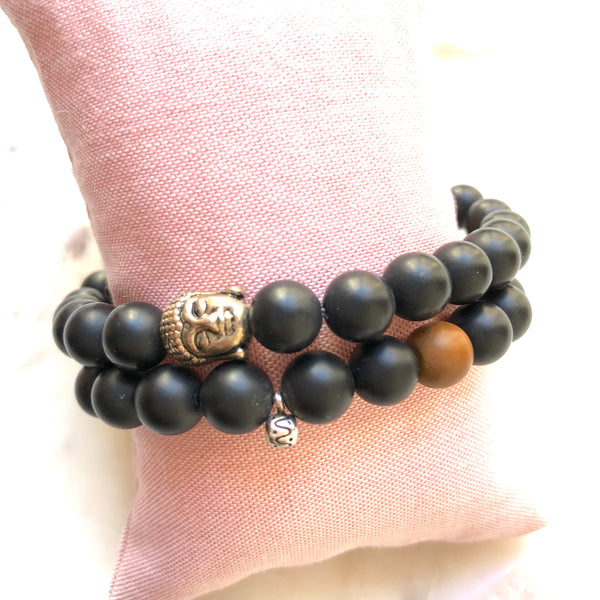 Strength Giving Black Onyx, Sterling Silver OM Charm Yoga Bracelet