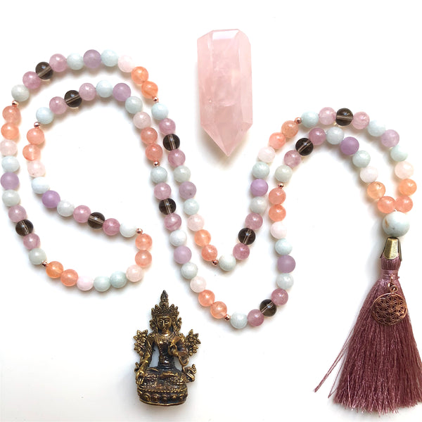 Aria Mala Atelier's unique one-of-a-kind jade, smoky quartz with rose silver life's tree charm is for yoga meditation empowering spiritual daily practise and intention setting, mindfulness