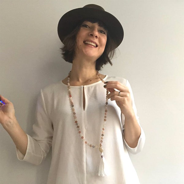 Feminine Power Peach Moonstone Rose Silver Charm Japa/Meditation Mala