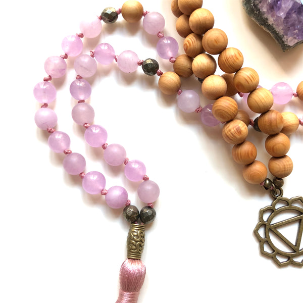 Aria Mala Atelier's unique one-of-a-kind Jade, Pyrite, Sandalwood gemstone meditation japa mala with Solar Plexus (Third Chakra) is for yoga meditation empowering spiritual daily practise and intention setting