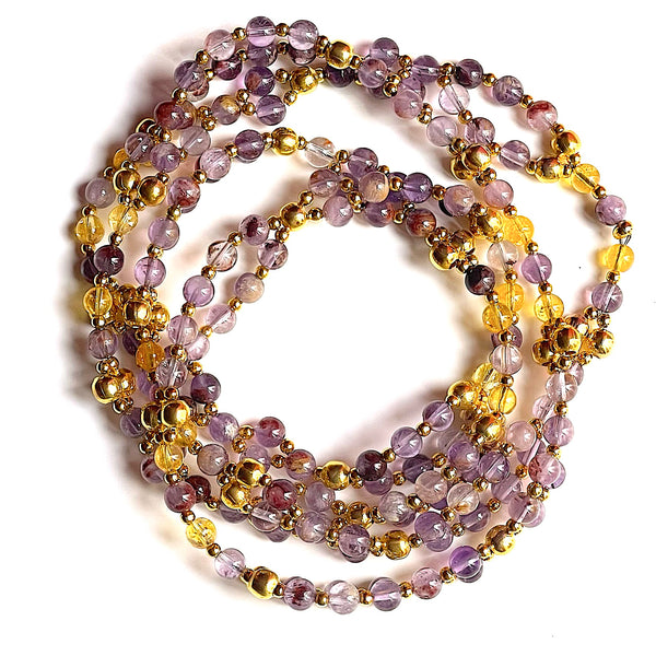 Tantric Mala Necklace: Quartz, Citrine, Gold 6 mm