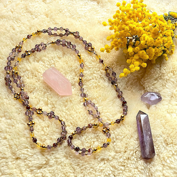 Tantric Mala Necklace: Quartz, Citrine, Gold 6 mm