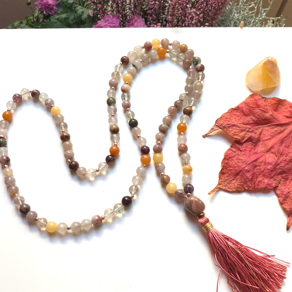 Aria Mala Atelier's unique one-of-a-kind Colorful Quartz, Moonstone guru bead is for yoga meditation empowering spiritual daily practise and intention setting