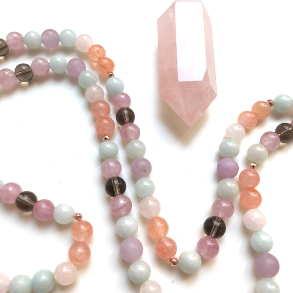 Aria Mala Atelier's unique one-of-a-kind jade, smoky quartz with rose silver life's tree charm is for yoga meditation empowering spiritual daily practise and intention setting, mindfulness