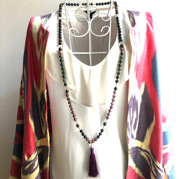 Rhodonite, Bloodstone, Jade, Quartz 108 Beads Mala, Tassel Necklace, Yoga Jewelry, Meditation Beads
