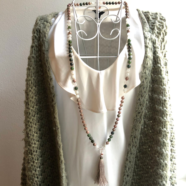 Rhodonite, Moonstone, Original Jade, Quartz 108 Beads Mala, Tassel Necklace, Yoga Jewelry, Meditation Beads