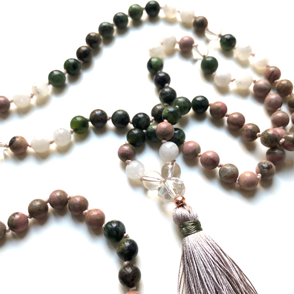 Rhodonite, Moonstone, Original Jade, Quartz 108 Beads Mala, Tassel Necklace, Yoga Jewelry, Meditation Beads