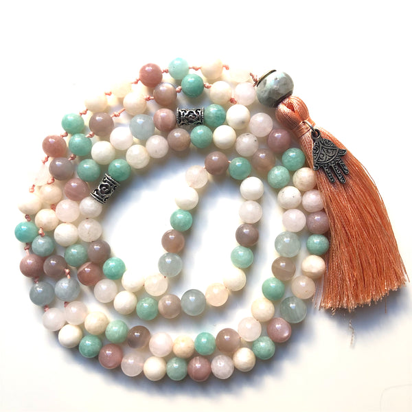 Amazonite Mala Beads, Hamsa, Aquamarine Yoga Necklace, Sunstone Yoga Schmuck