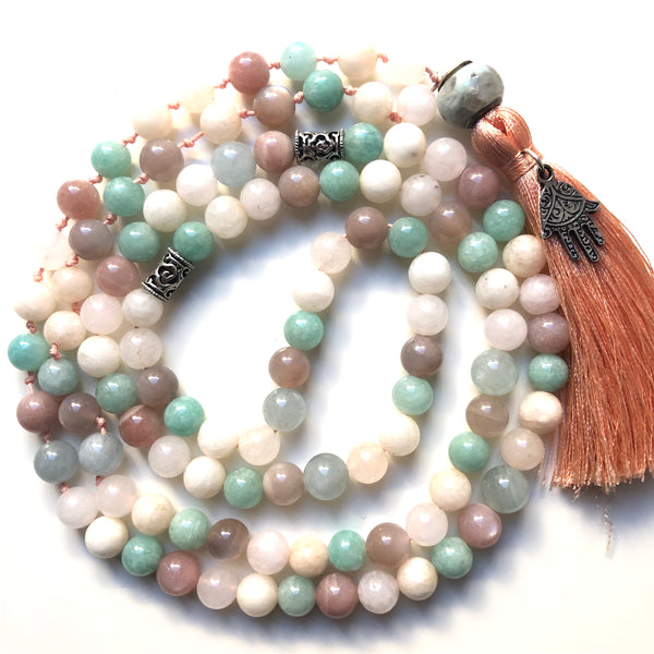Amazonite Mala Beads, Hamsa, Aquamarine Yoga Necklace, Sunstone Yoga Schmuck