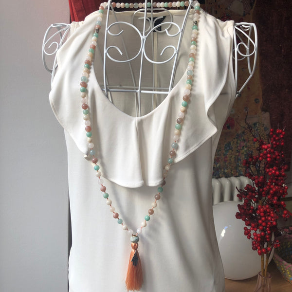 Amazonite Mala Beads, Hamsa, Aquamarine Yoga Necklace, Sunstone Yoga Schmuck