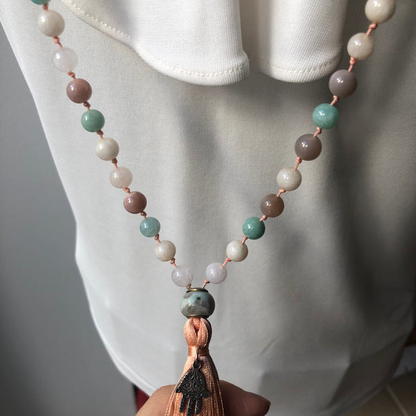 Amazonite Mala Beads, Hamsa, Aquamarine Yoga Necklace, Sunstone Yoga Schmuck