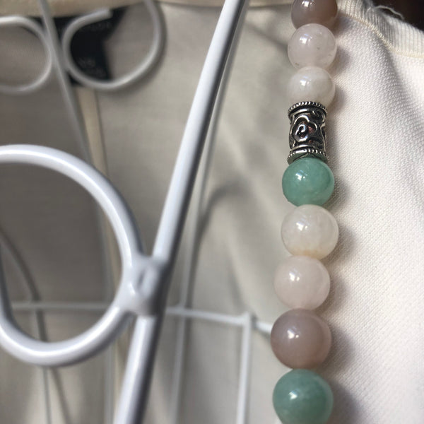 Amazonite Mala Beads, Hamsa, Aquamarine Yoga Necklace, Sunstone Yoga Schmuck