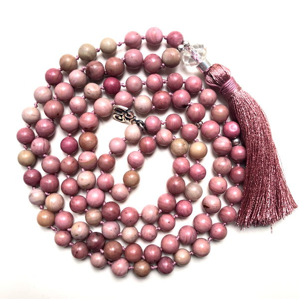Rhodonite Mala Beads, 108 Mala, Yoga Necklace, Crystal Quartz, Heart Chakra, Yoga Jewelry