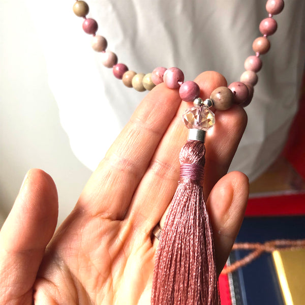 Rhodonite Mala Beads, 108 Mala, Yoga Necklace, Crystal Quartz, Heart Chakra, Yoga Jewelry