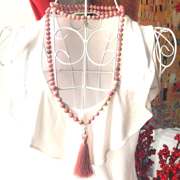 Rhodonite Mala Beads, 108 Mala, Yoga Necklace, Crystal Quartz, Heart Chakra, Yoga Jewelry