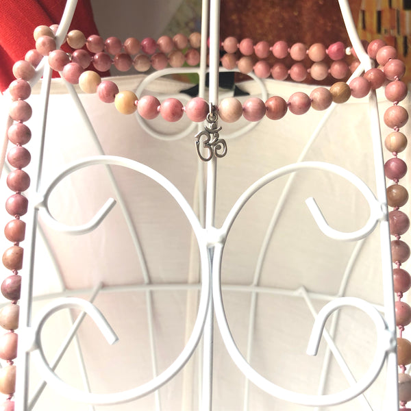 Rhodonite Mala Beads, 108 Mala, Yoga Necklace, Crystal Quartz, Heart Chakra, Yoga Jewelry