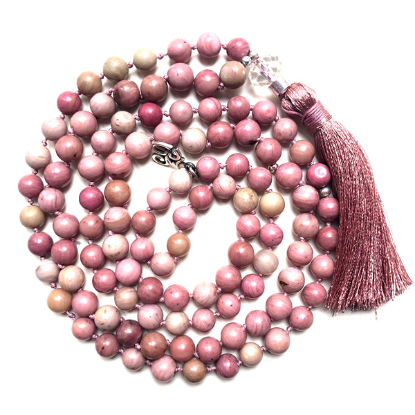 Rhodonite Mala Beads, 108 Mala, Yoga Necklace, Crystal Quartz, Heart Chakra, Yoga Jewelry