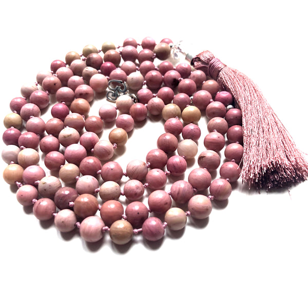 Rhodonite Mala Beads, 108 Mala, Yoga Necklace, Crystal Quartz, Heart Chakra, Yoga Jewelry